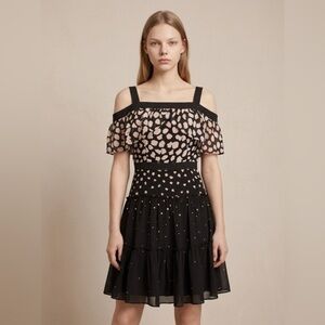 NWT BCBGMaxAzria Black and Pink Cold-Shoulder Midi Dress